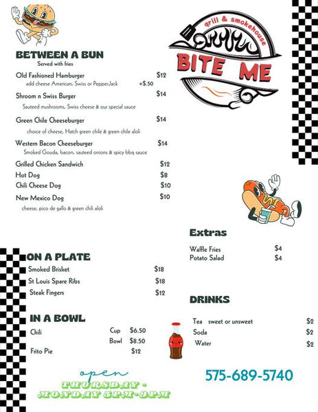 BITE ME IS OPEN!! Hamburgers and French Fries The Pigeon's Coop of Carlsbad, NM